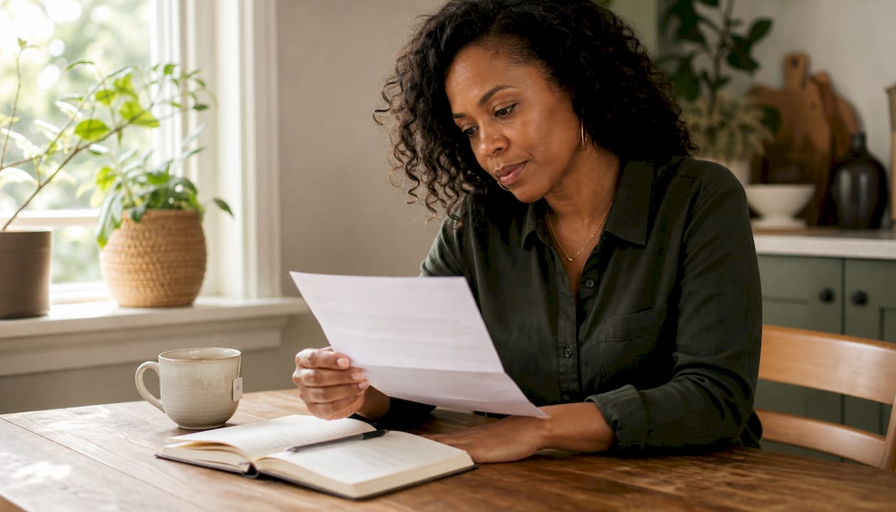 Woman opening credit card mail in home office
