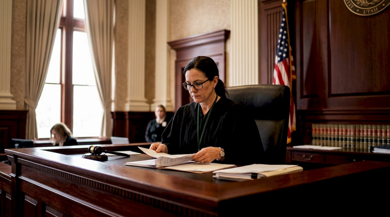 Judge reviewing protective order documents in courtroom