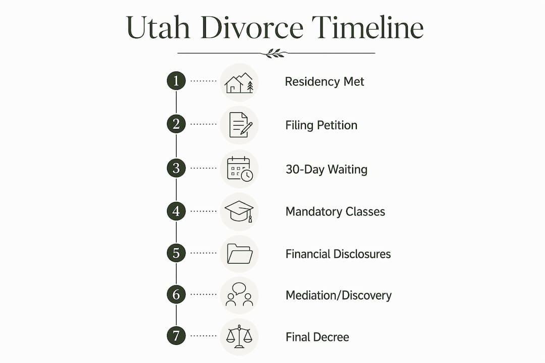 Infographic showing step-by-step Utah divorce timeline