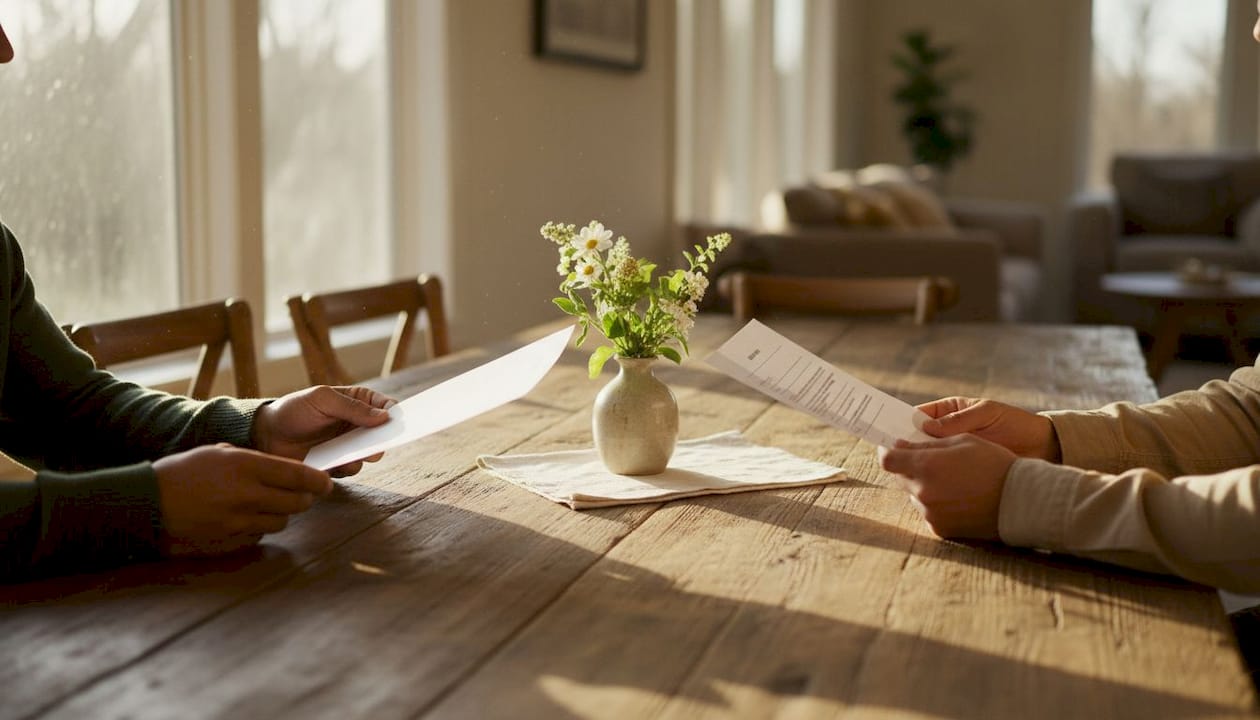 Couple exchanging uncontested divorce documents at table