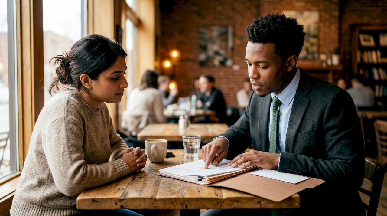 Attorney consulting client about military divorce