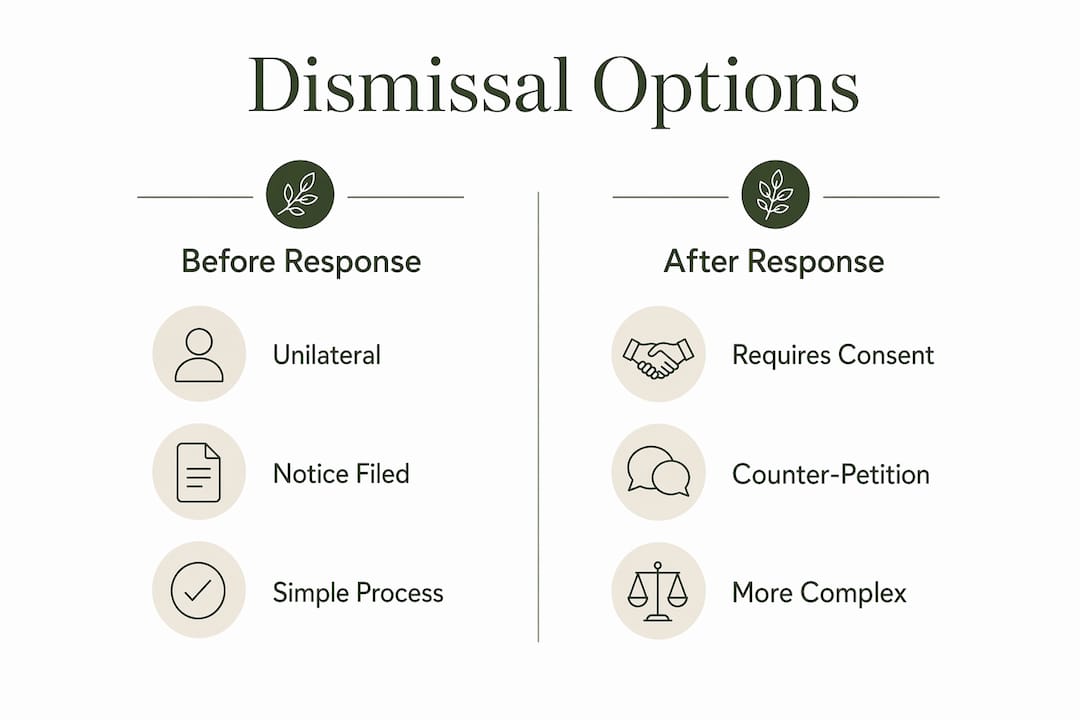 Infographic comparing divorce dismissal options before and after spouse response