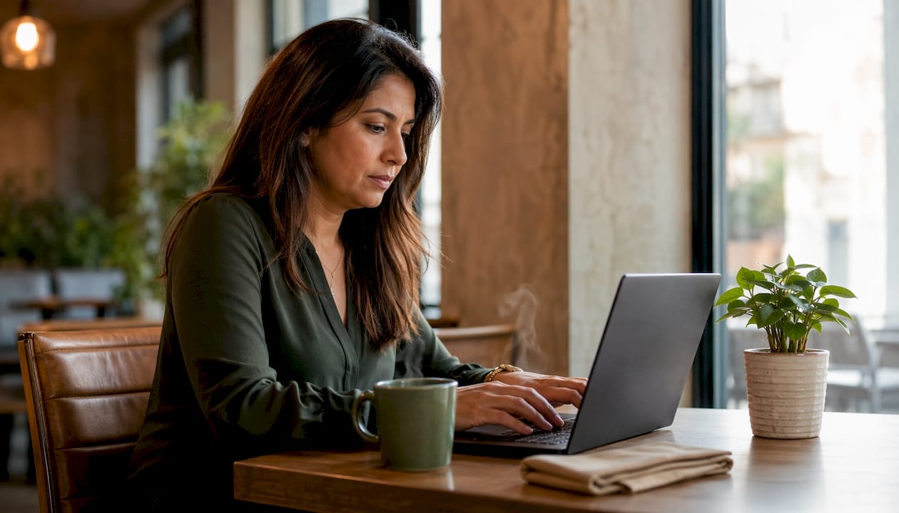 Hands typing on laptop in secure mediation setting
