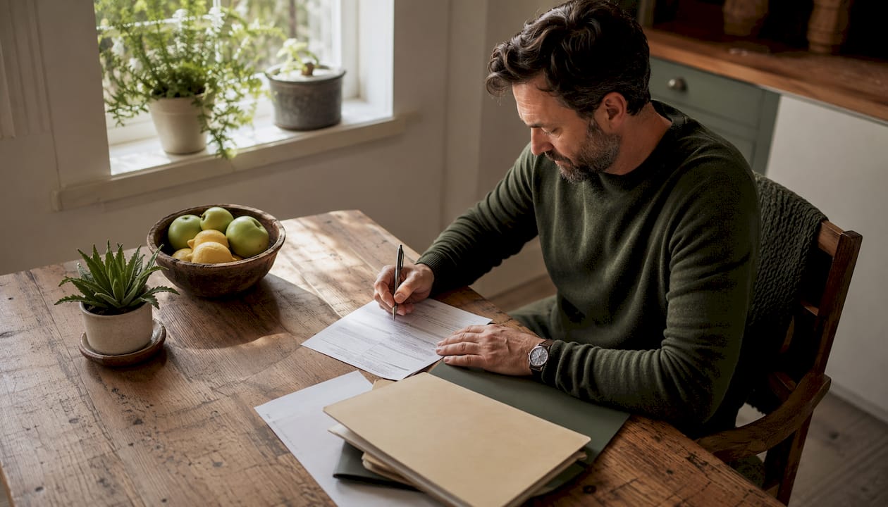 Man filling divorce paperwork in home office
