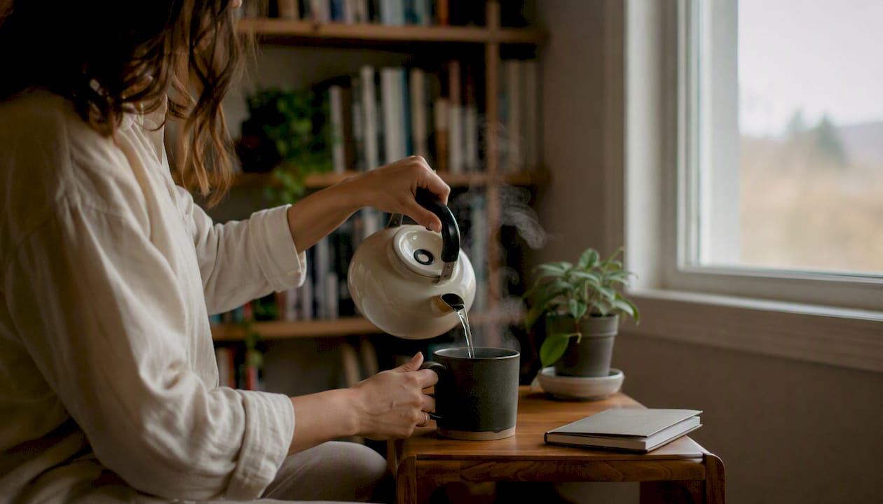 Hands pouring hot water into mug beside dark laptop