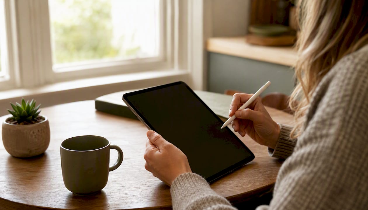 Hands poised to sign digital tablet