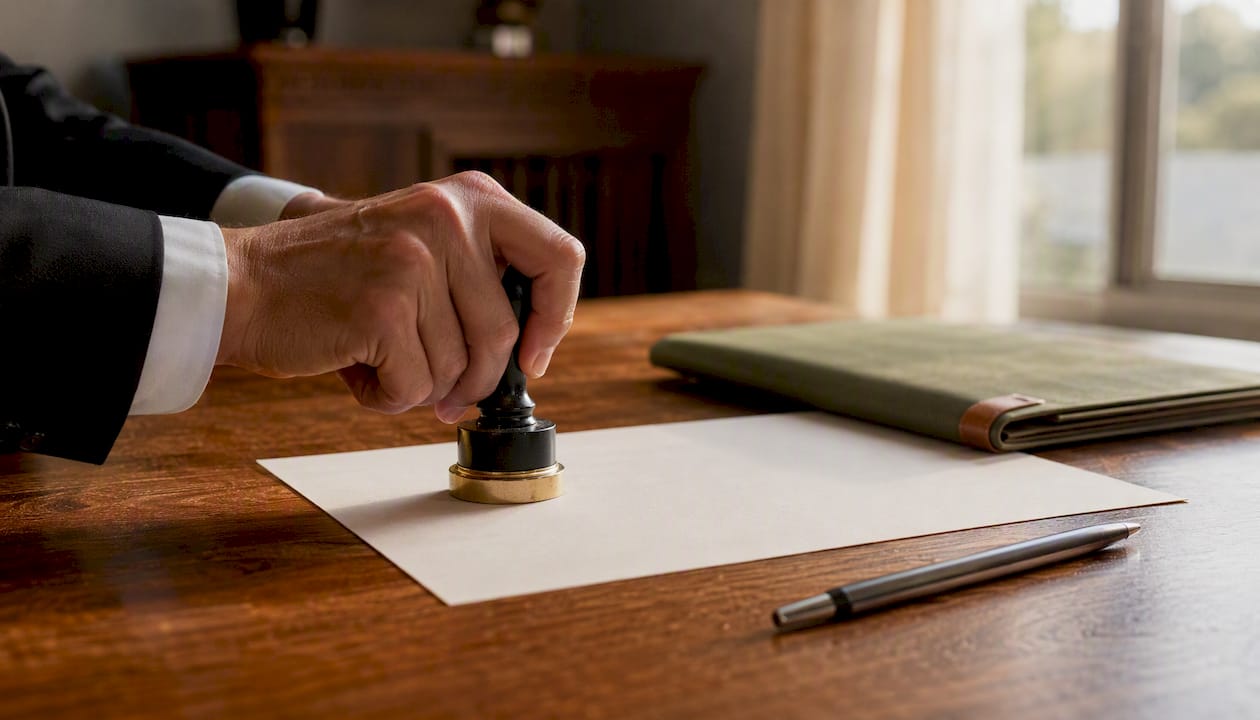 Notary stamping divorce document for acceptance of service