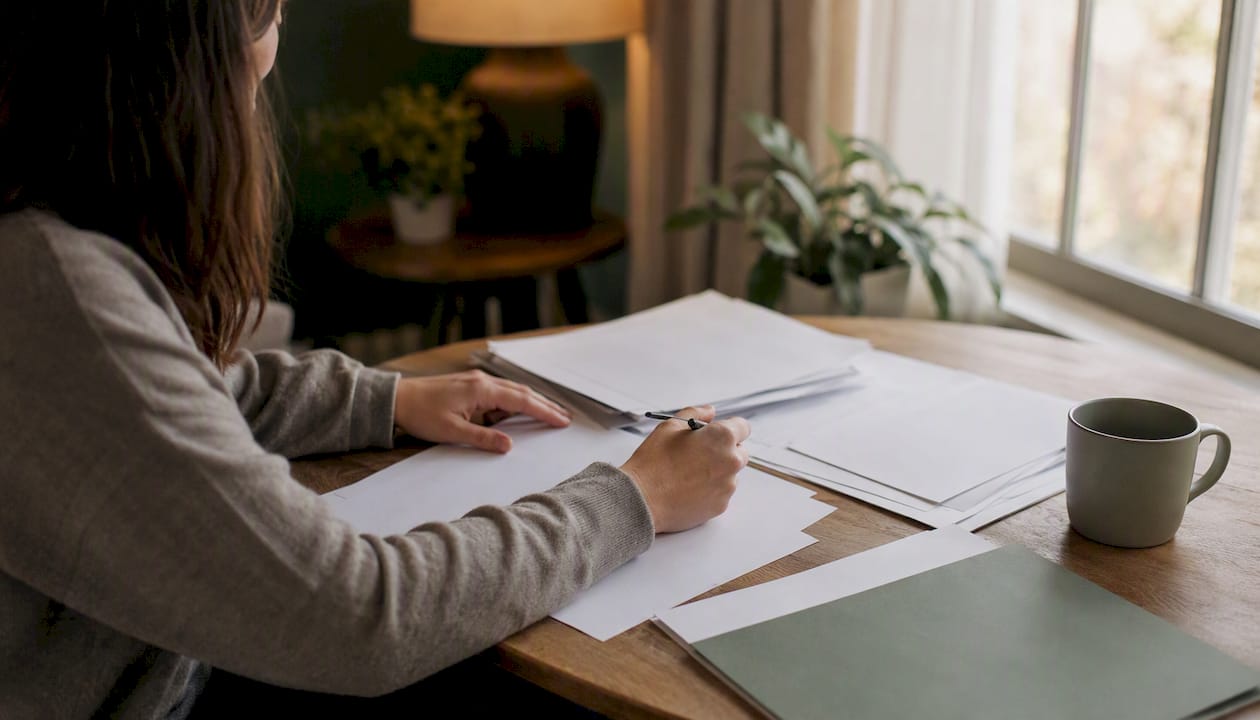 Hands arranging divorce filing documents on desk