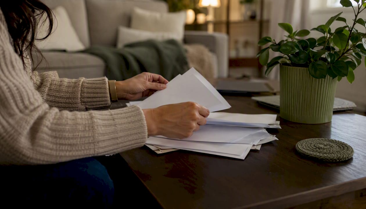 Hands sorting financial documents at home desk