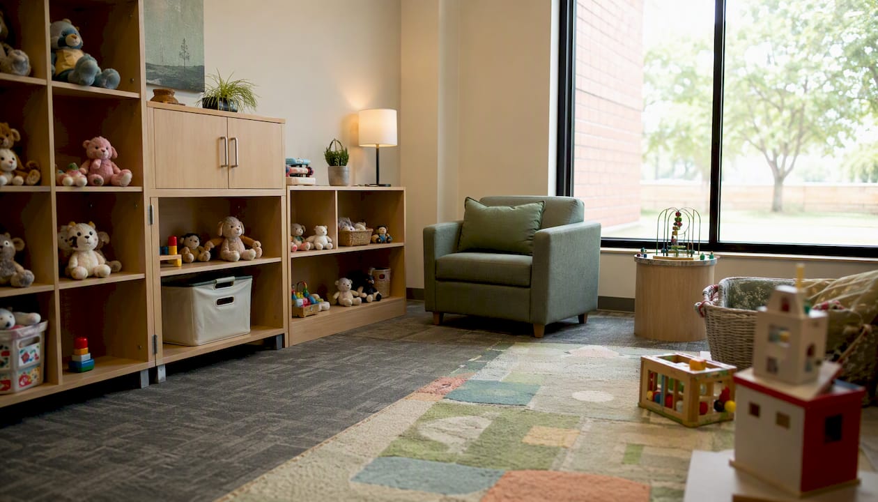 Empty supervised visitation playroom with toys