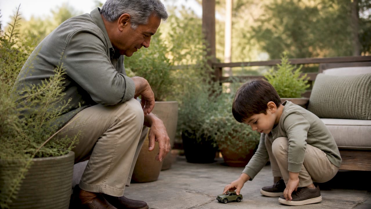 Grandparent supervising child playing in living room