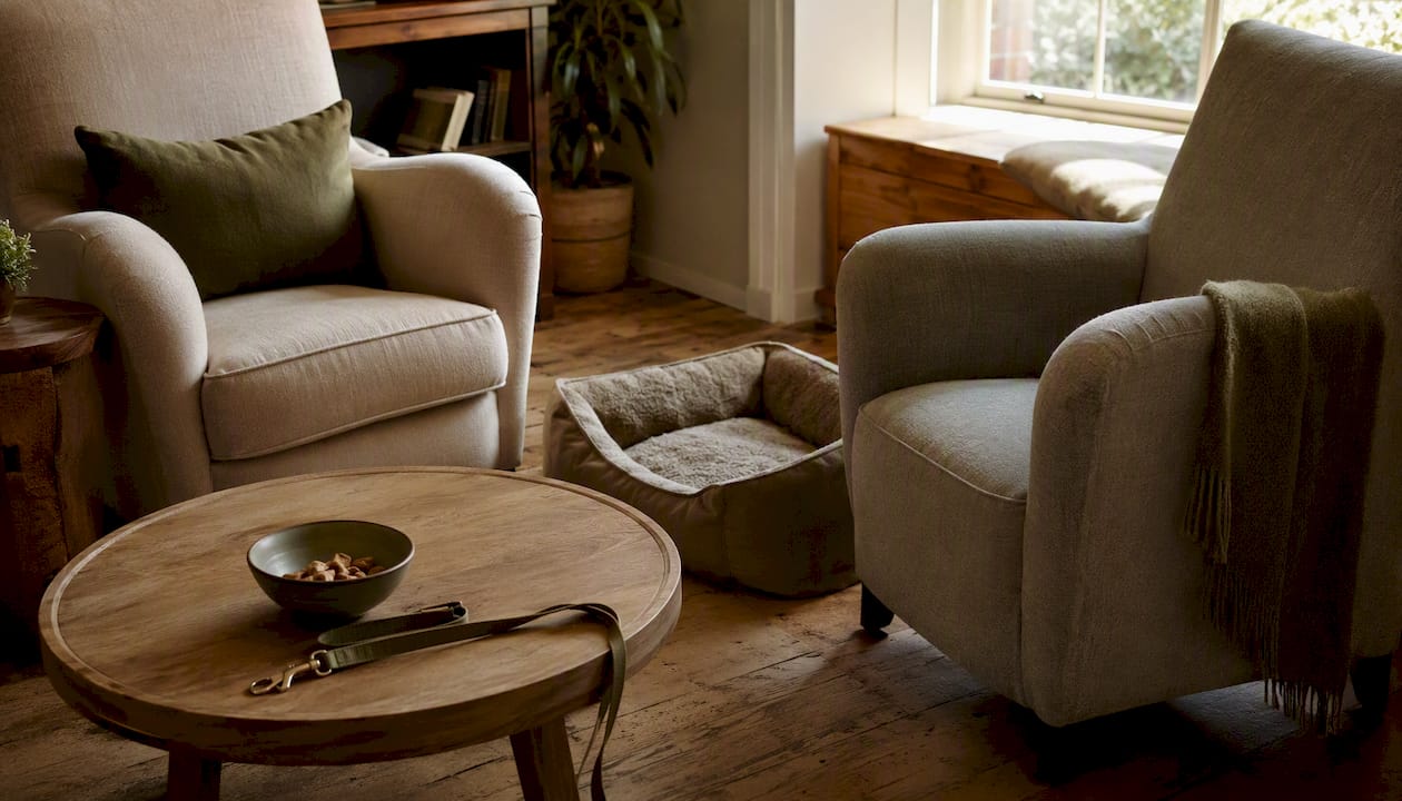 Empty family room with pet bed and treats