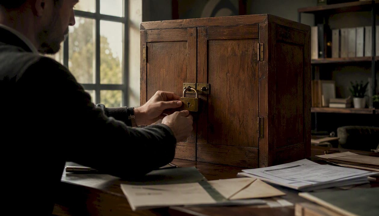 Hands locking a safe door in office