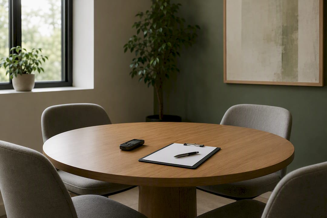 Empty mediation room with recorder and clipboard