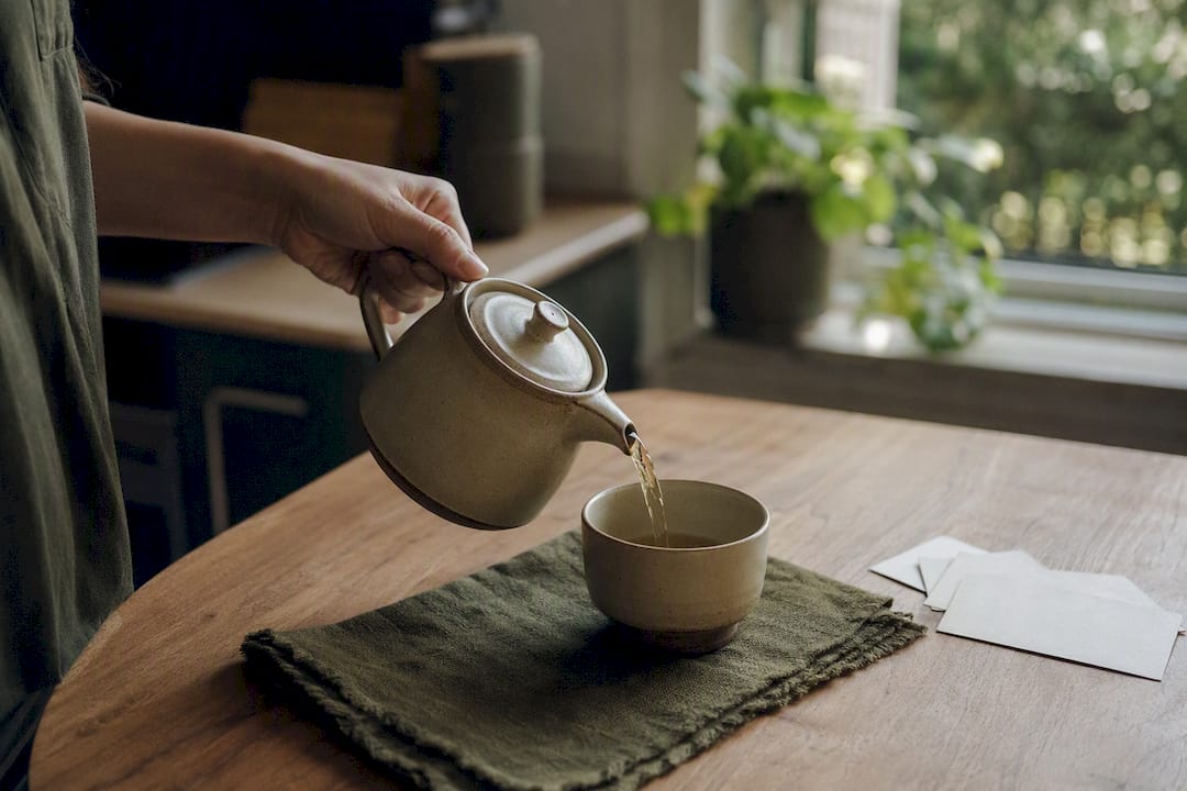 Hand pouring tea calmly in warm room